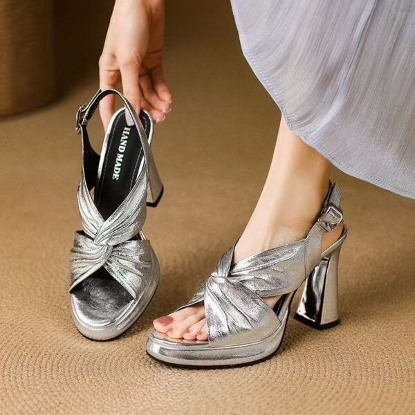 Handmade Women's Light Luxury Retro Sandals – High Heel Casual Shoes in Silver & Gold
