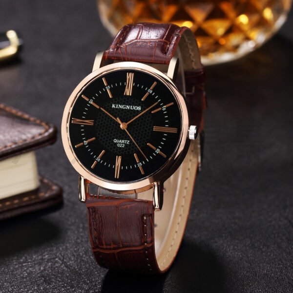 Fashion Rose Gold Roman Numeral Couple Watch – Casual Leather Strap Design