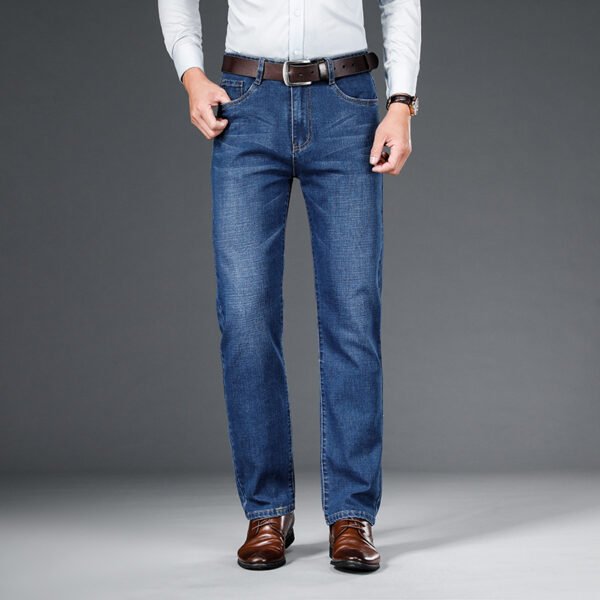 Men's Stretch Denim Business Jeans – Straight-Leg Mid-Waist Trousers