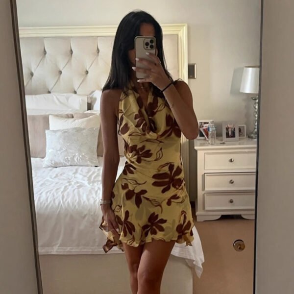 Women’s Halter Swing Dress – High Waist, Abstract Print, Sleeveless