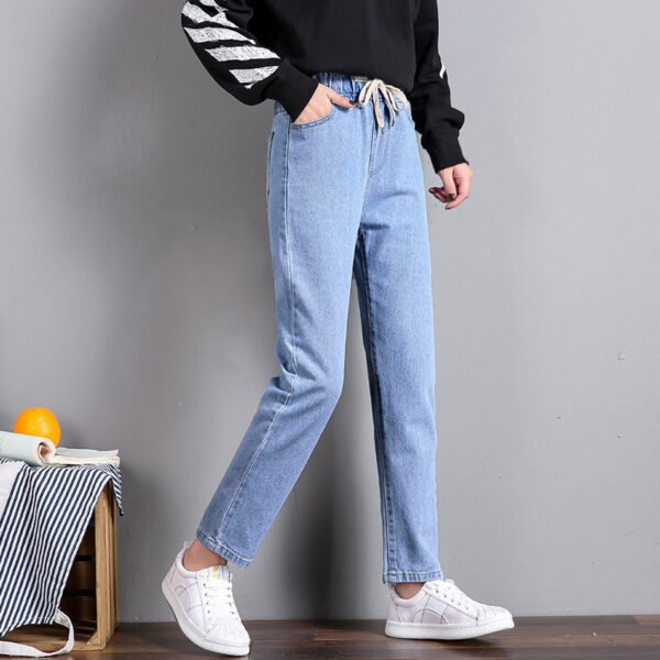 Korean Style Women’s High Waist Elastic Tie Jeans – Washed Cropped Straight-Leg Denim