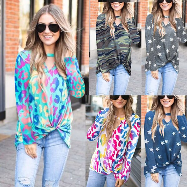 Women’s V-Neck Leopard Print Top – Hollow Detail, Slim Fit Long Sleeve Pullover