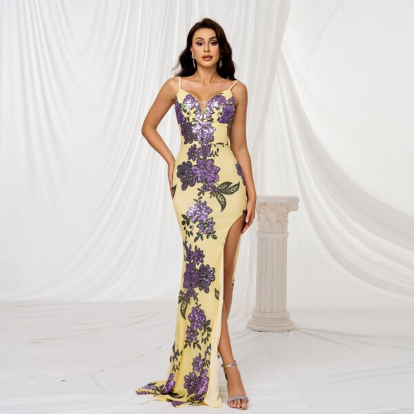 Yellow V-Neck Sequin Sheath Gown – Elegant Slim-Fit Slit Dress