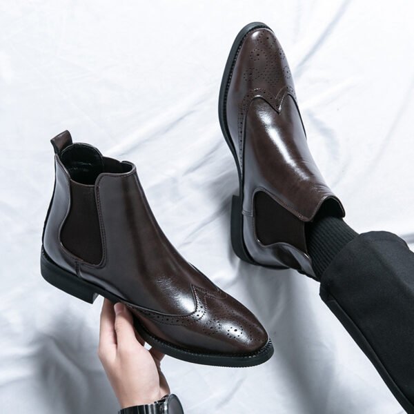Men’s High-Top Pointed Toe Chelsea Booties – Short Tube Flat Heel