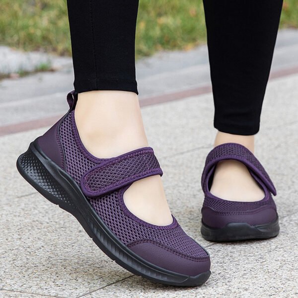 Women’s Low-Top Thick Sole Mesh Casual Shoes – Breathable Hollow Buckle Footwear for Seniors