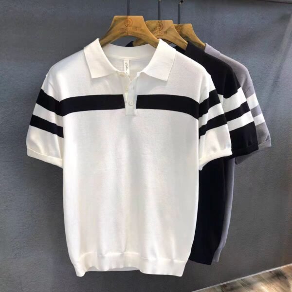 Men’s Color-Block Polo Sweater – Short Sleeve Loose Fit with Lapel Collar