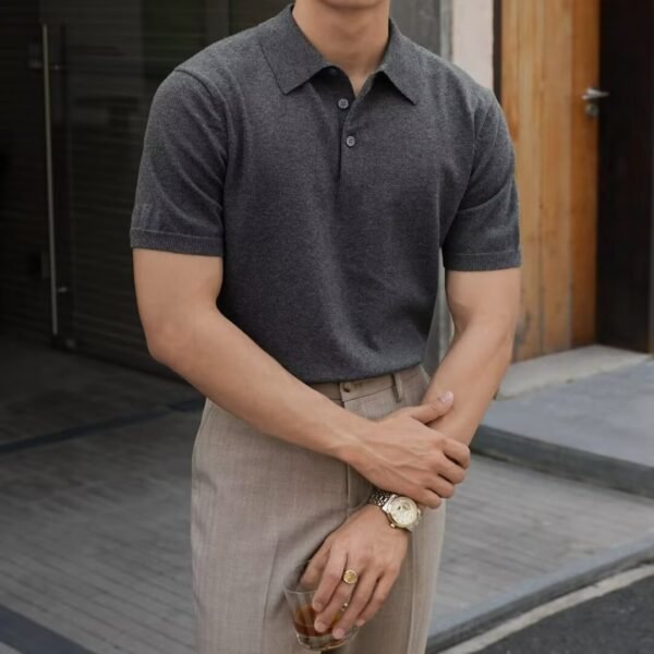 Men’s Ice Silk Knitted Polo Shirt – Short Sleeve Casual Wear with Polo Collar