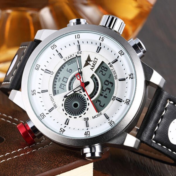 Trendy Casual Double Display Men’s Watch – Waterproof Quartz with High-Quality Leather Strap