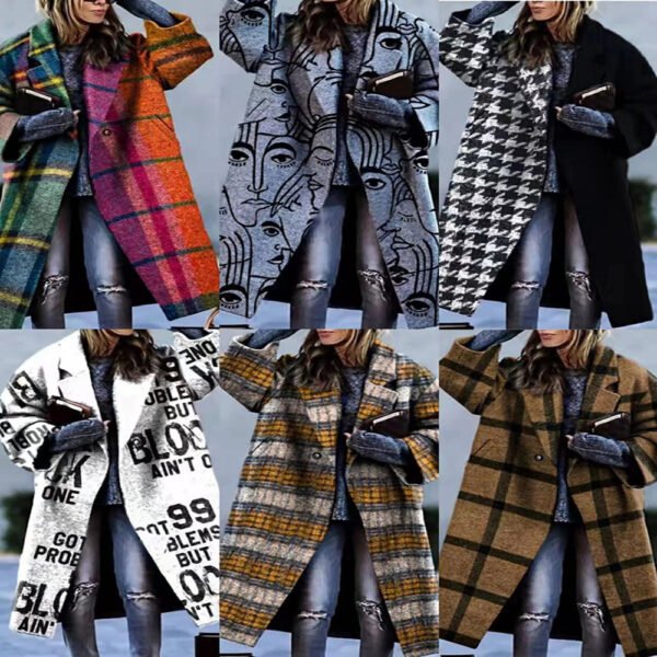 Women’s Color Matching Plaid Long-Sleeved Coat – Printed 3D Stereo Pattern with Loose Fit