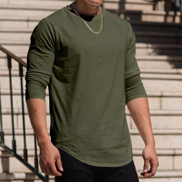 Men’s Solid Color Long Sleeve Cotton T-Shirt – Casual Round Neck Pullover