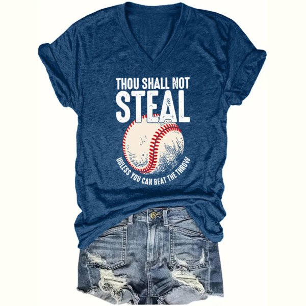 Women’s V-Neck “Thou Shall Not Steal” Baseball Graphic T-Shirt – Humorous Casual Summer Tee