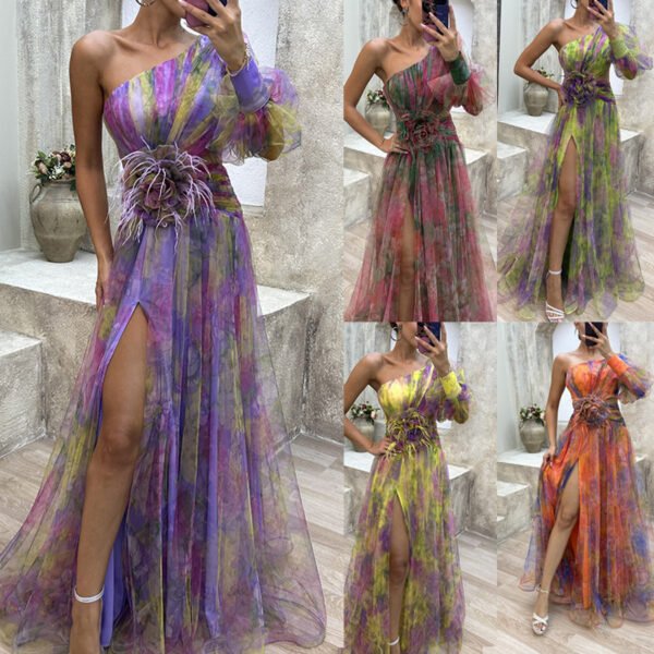 Trendy Mesh One-Shoulder Party Dress for Women – Long Skirt