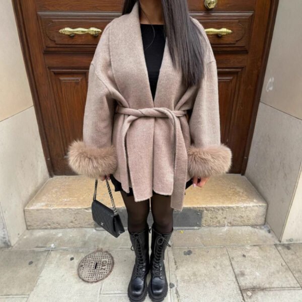 Women’s Furry Sleeves Overcoat – Slim Fit Long Coat with Shoulder Strap Detail