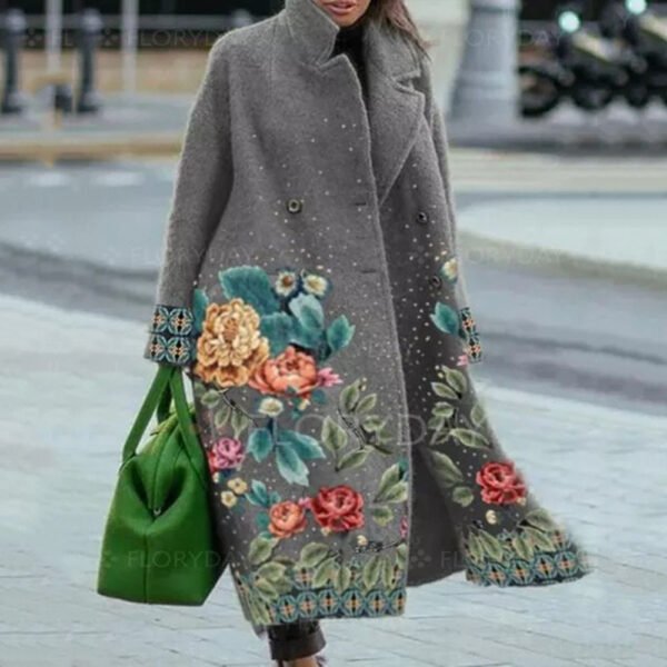 Women’s Long Sleeve Turn-down Collar Coat – Printed Design with 3D Stereo Patterns