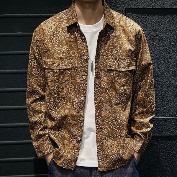 Men’s Printed Denim-Look Casual Shirt – Long Sleeve Lapel Top with Plaid & Stripe Patterns