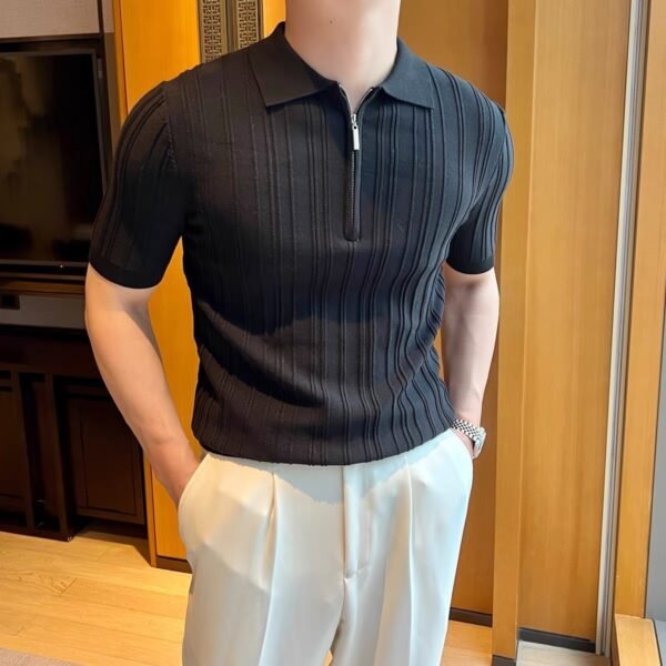 Men’s Retro Jacquard Polo Shirt – Short Sleeve Zipper Collar Casual Tee