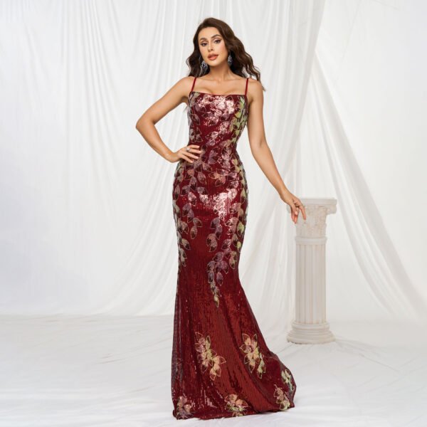 Red Off-Shoulder Sequin Fishtail Gown – Elegant Sling-Style Evening Dress