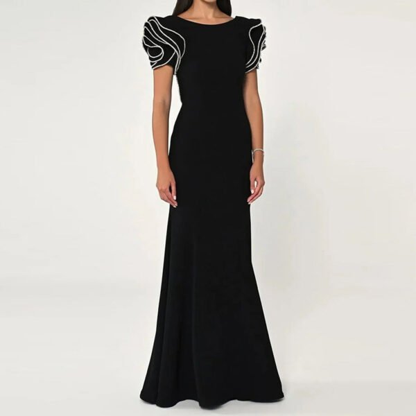 Black Fishtail Dress with Petal Sleeves and Round Neck