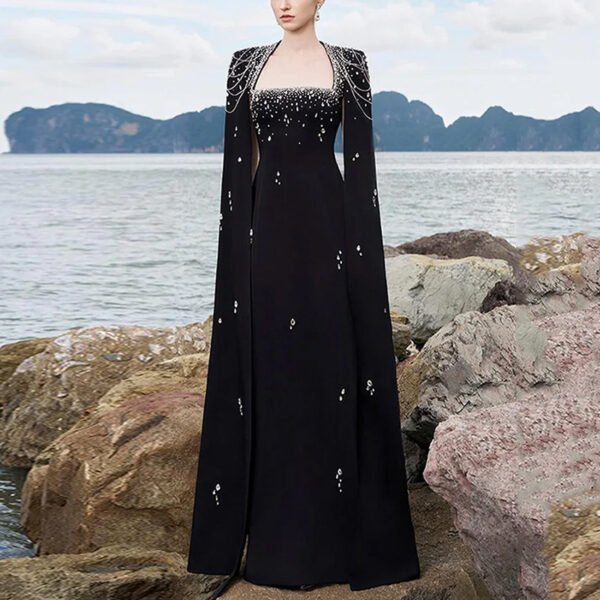 Elegant Beaded Shawl Sleeve Long Dress for Party & Banquet