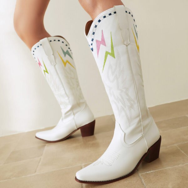 Women’s Lightning Embroidered Knee-High Boots – Chunky High Heel, Square Toe