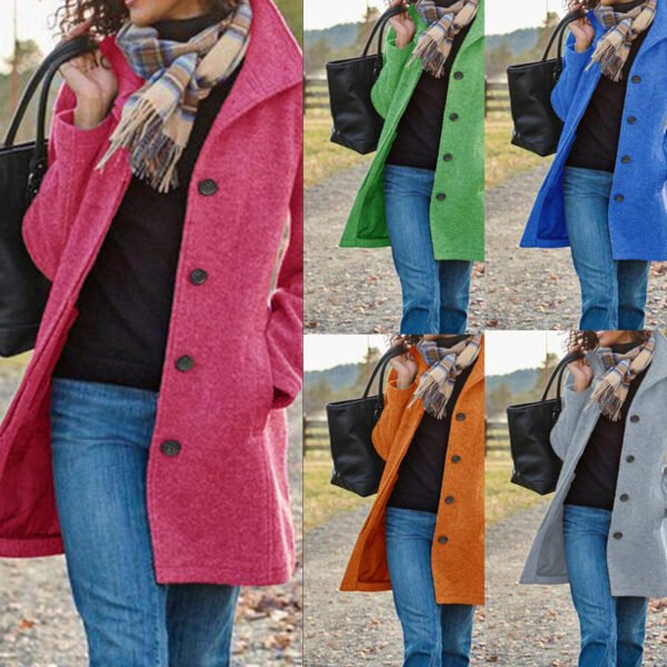 Women’s Woolen Mid-Length Slim Fit Cardigan Coat with Multi-Grain Buckle Design