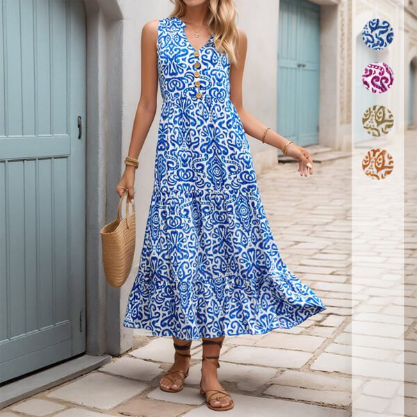 Stylish Mid-Length Sleeveless Dress with V-Neck & Abstract Print