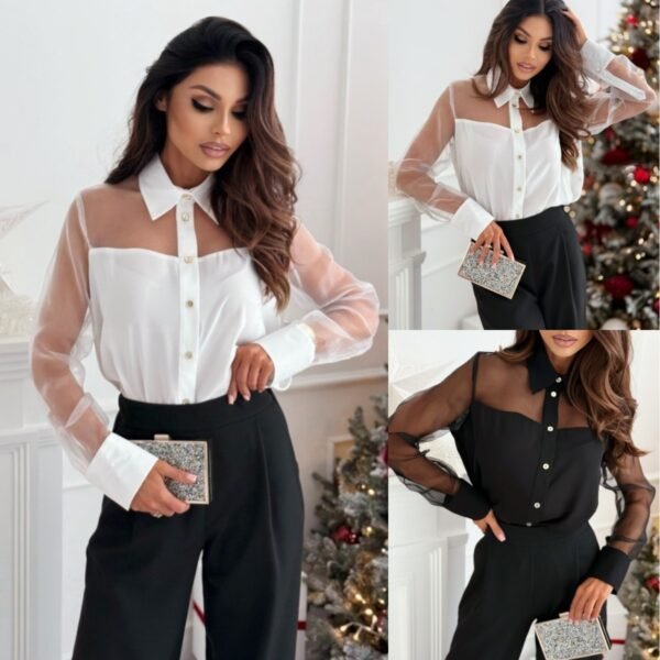 Elegant Women’s Polo Collar Long Sleeve Mesh Stitching Shirt – Sophisticated & Stylish