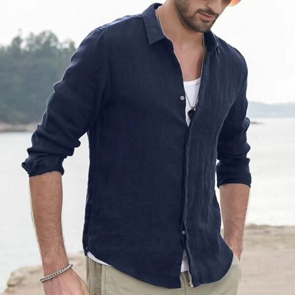 Men’s Long Sleeve Solid Color Casual Shirt – Plain Lapel Cotton Blend Cardigan