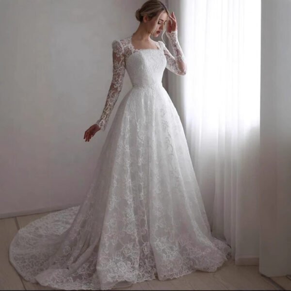 Elegant Embroidered Long Sleeve Wedding Dress with Train