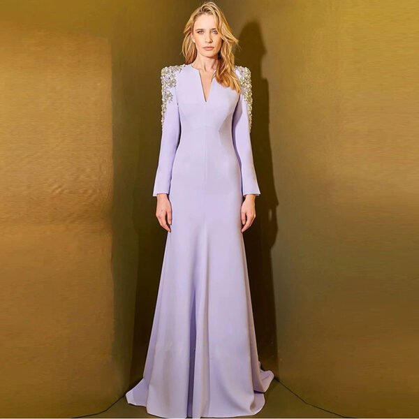 Luxury Beaded Slit Gown – Elegant Long Sleeve Dress with Royal Trail