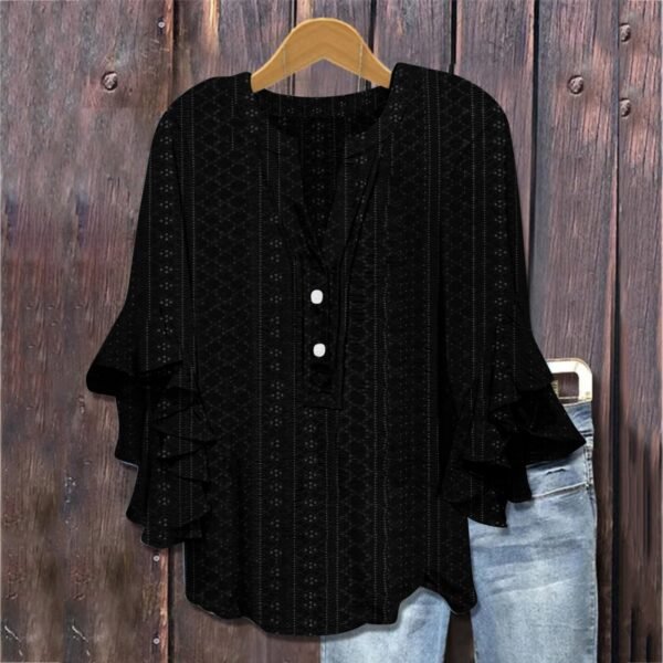 Women’s Printed Casual V-neck T-shirt with Flounce Sleeves