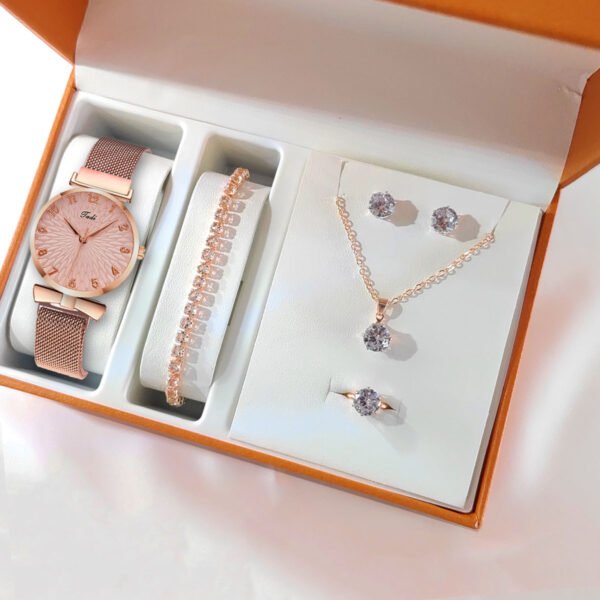 Women's Fashion Quartz Watch & Jewelry Gift Set – 5-Piece Elegant Accessory Collection