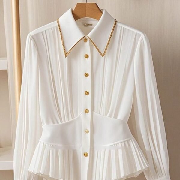 Light Luxury High-Grade Pleated Collar White Shirt – Elegant Urban Commute Style