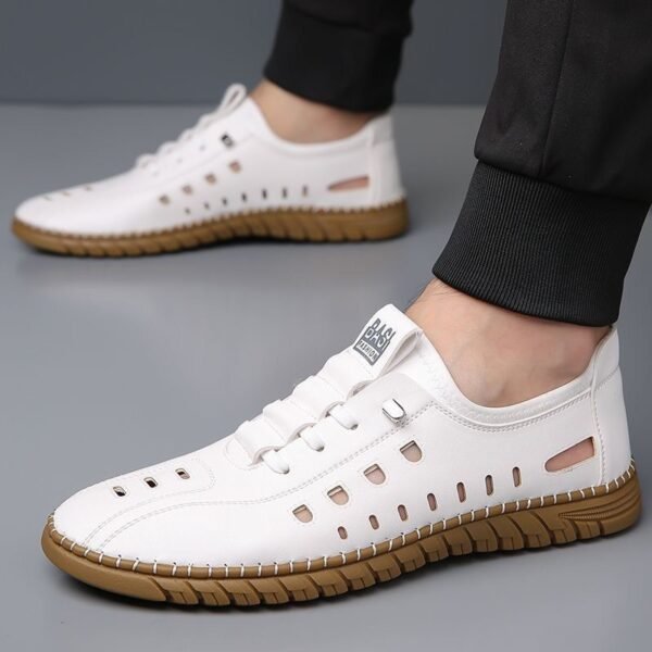 Men's Hollow Slip-on Leather Sandals – Breathable, Waterproof, Soft Sole Casual Shoes