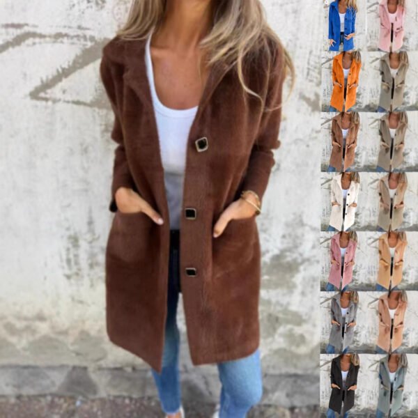 Women’s Single-Breasted Polo Collar Mid-Length Coat with Pockets