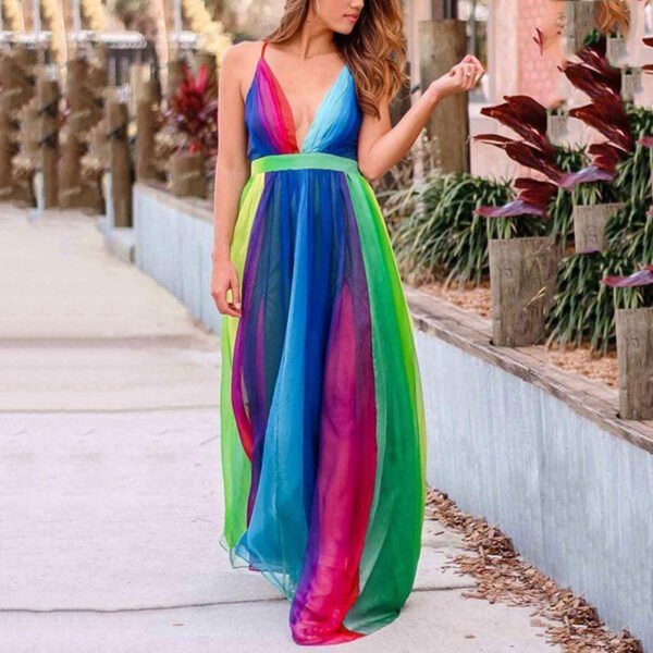 Spring & Summer Sexy Deep V Rainbow Mesh Camisole Dress with Asymmetric Skirt