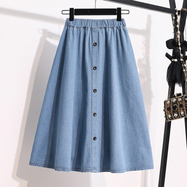 Plus Size Blue Denim Mini Skirt – A-Line with Elastic Waist & Breasted Detail
