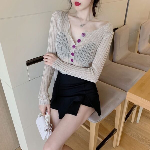 Women's Slim Fit Navel-Length Long Sleeve Cardigan – Apricot, Solid Color, Simple Chic Style