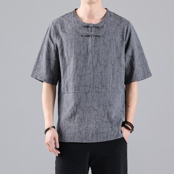 Men’s Retro Jacquard T-Shirt – Loose Fit Short Sleeve with Fastener Detail