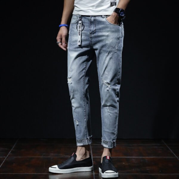 Men's Light Blue Ripped Cropped Jeans – Slim Fit Youth Style for Spring & Summer