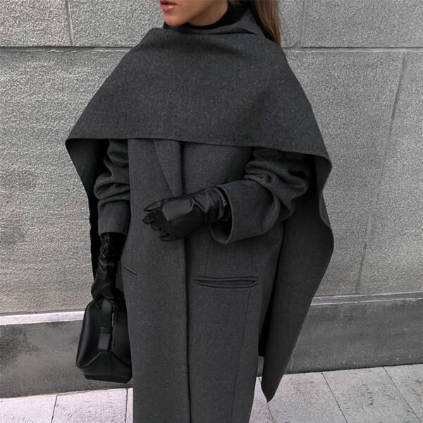 Women’s Scarf Collar Woolen Coat – Retro Style Solid Color Jacket