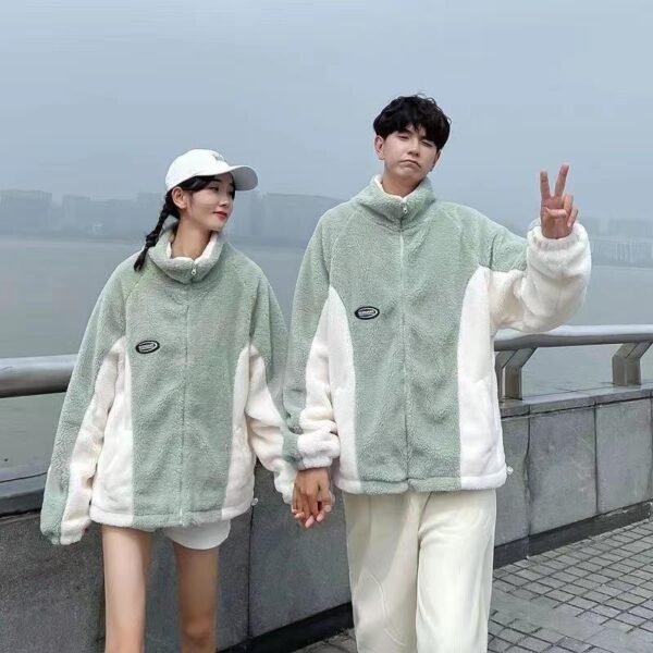 Unisex Mint Green Berber Fleece Coat with Stylish Stitching – Cozy Geometric Design