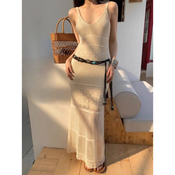 French Hollow Knitted V-Neck Sling Dress – Chic & Breezy Elegance