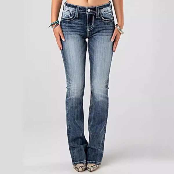 European & American Style Washed Stretch Denim Trousers – Embroidered Mid-Waist Jeans for Women