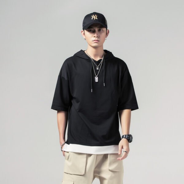 Men's Hooded Summer T-Shirt – Loose Fit 3/4 Sleeve Cotton Blend Top