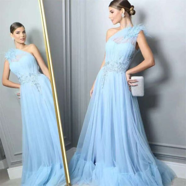 Elegant Blue One-Shoulder Feather Wedding Gown