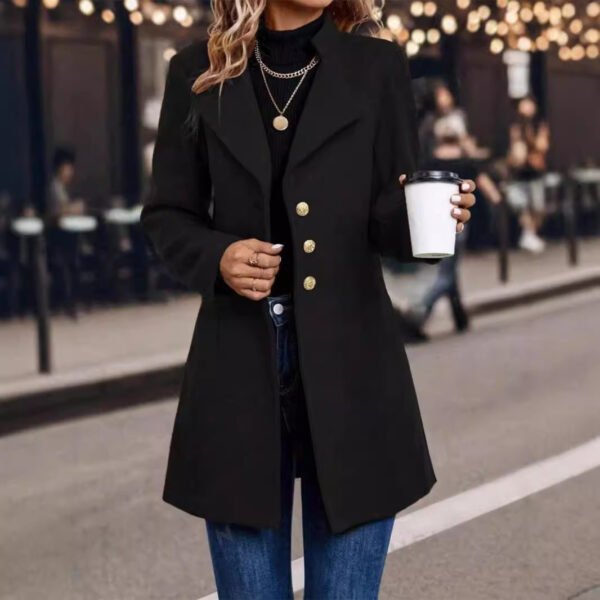 Women’s Slim Fit Woolen Coat – Solid Color, Buttoned Outerwear