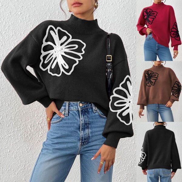 Women’s Mock Neck Sweater with 3D Ribbon Embroidery Flower Detail