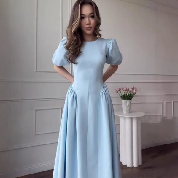 Retro Short Sleeve Puff Sleeve Dress – Fresh & Sweet Mid-Length Swing Skirt