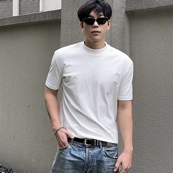 Men’s Drop-Shoulder Half Turtleneck T-Shirt – Solid Color Loose Fit for Summer Sports
